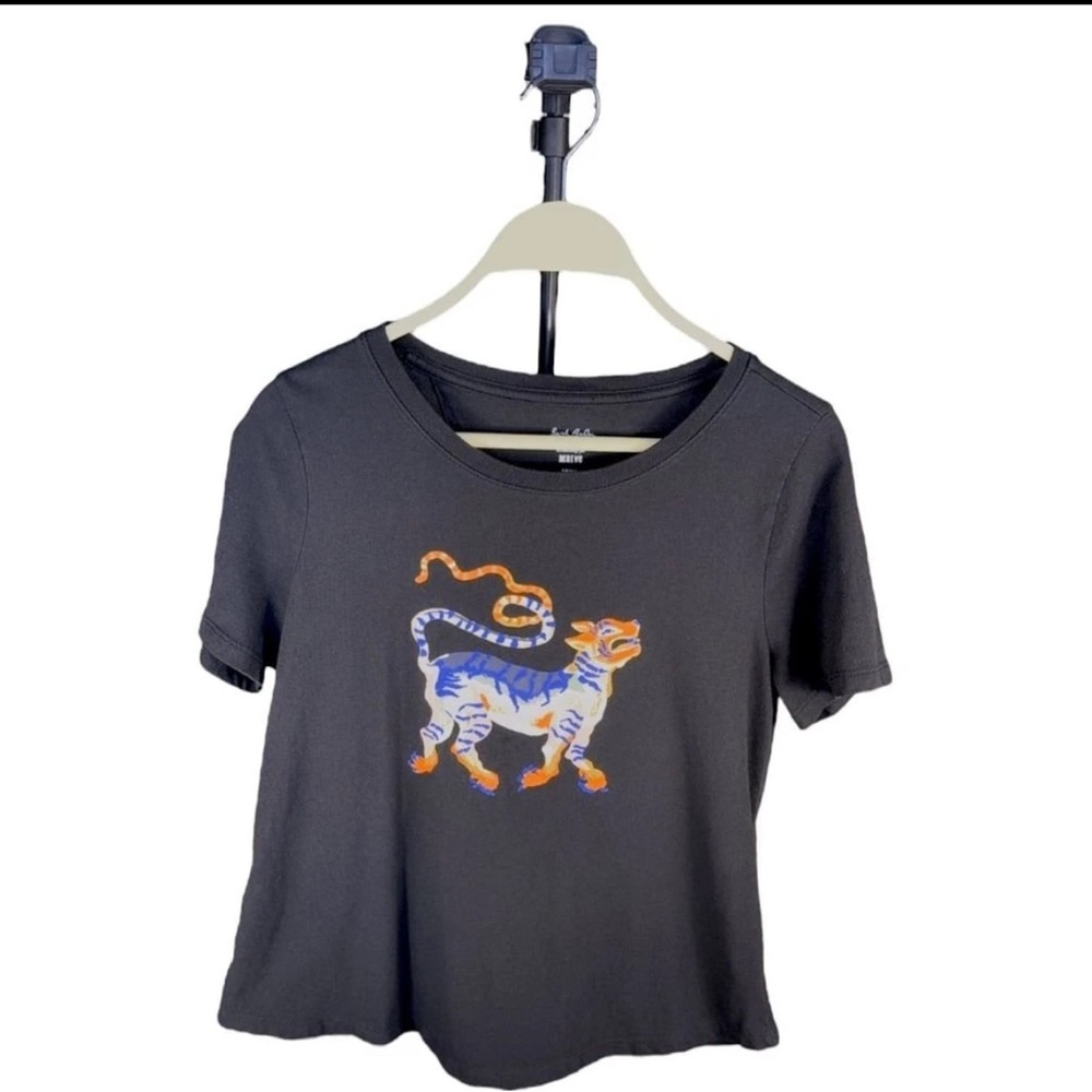 Maeve Black Tee with Orange and Blue Tiger Graphic